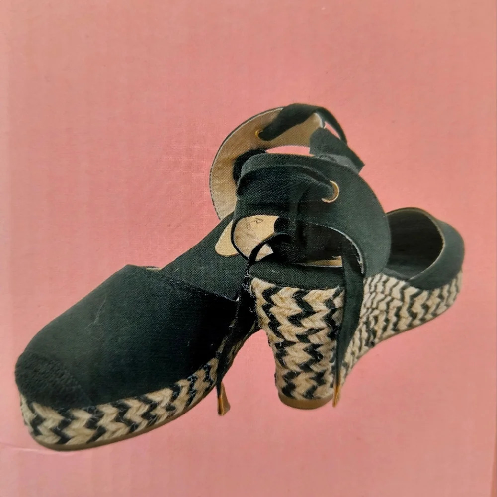 Black tan ladies platform wedge heeled sandals tie around ankle casual or dressy